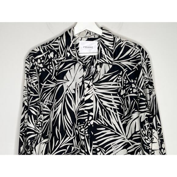 Frame The Oversized Silk-Blend Palm Button Shirt Noir Multi Women's Size Medium - Picture 3 of 10